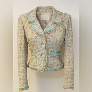 Cynthia Steffe Tweed Fringe Cropped Blazer Teal Orange Multi-Color Jacket NWT S